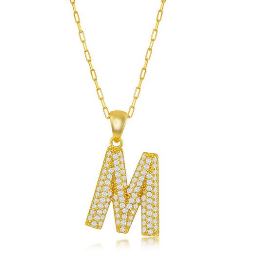 Sterilng Silver Micro Pave CZ  'M'  Block Initial w/ Paperclip Chain - Gold Plated