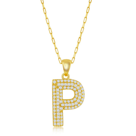 Sterilng Silver Micro Pave CZ  'P'  Block Initial w/ Paperclip Chain - Gold Plated