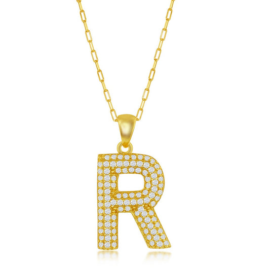 Sterilng Silver Micro Pave CZ  'R'  Block Initial w/ Paperclip Chain - Gold Plated