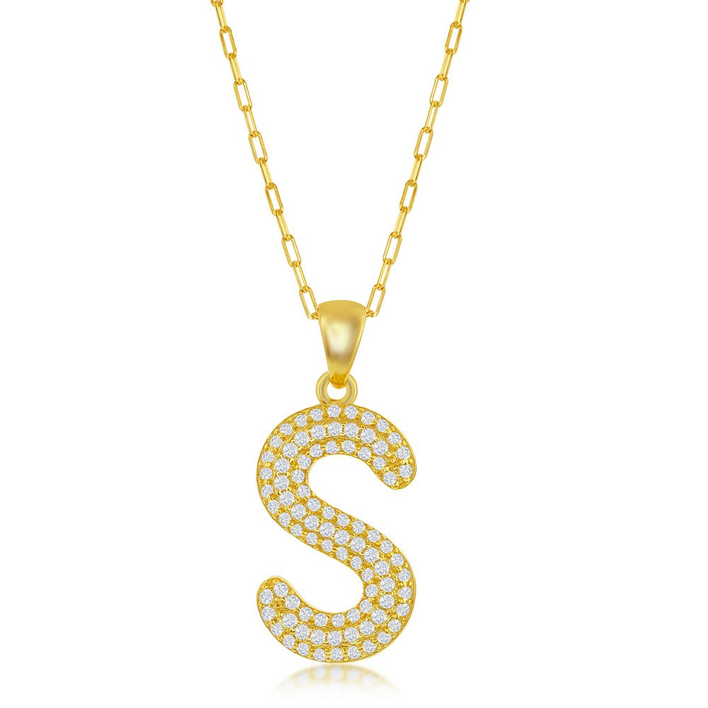 Sterilng Silver Micro Pave CZ  'S'  Block Initial w/ Paperclip Chain - Gold Plated