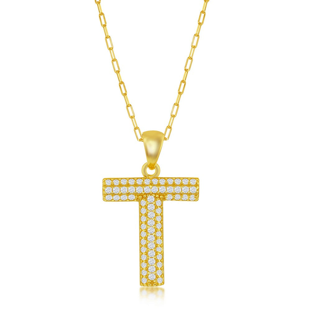 Sterilng Silver Micro Pave CZ  'T'  Block Initial w/ Paperclip Chain - Gold Plated