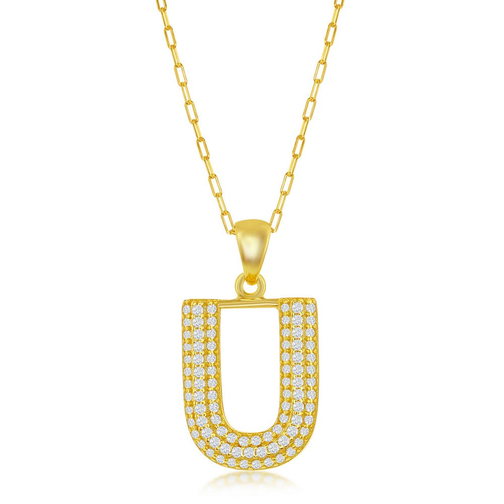 Sterilng Silver Micro Pave CZ  'U'  Block Initial w/ Paperclip Chain - Gold Plated