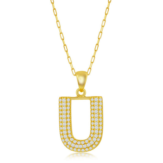 Sterilng Silver Micro Pave CZ  'U'  Block Initial w/ Paperclip Chain - Gold Plated