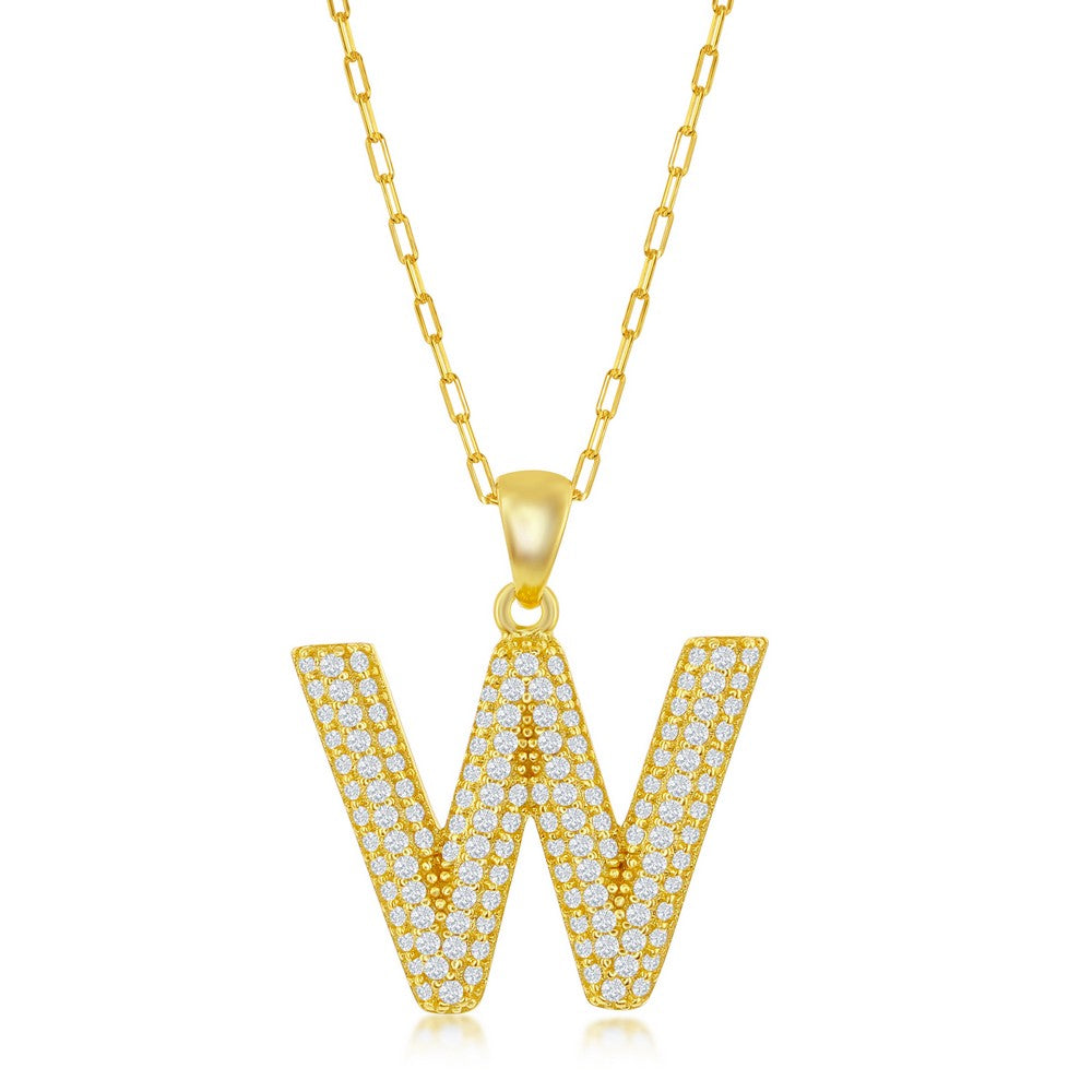 Sterilng Silver Micro Pave CZ  'W'  Block Initial w/ Paperclip Chain - Gold Plated