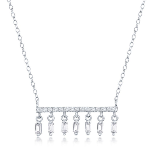 Sterling Silver CZ Bar with Baguette CZ Dangling Charms Necklace