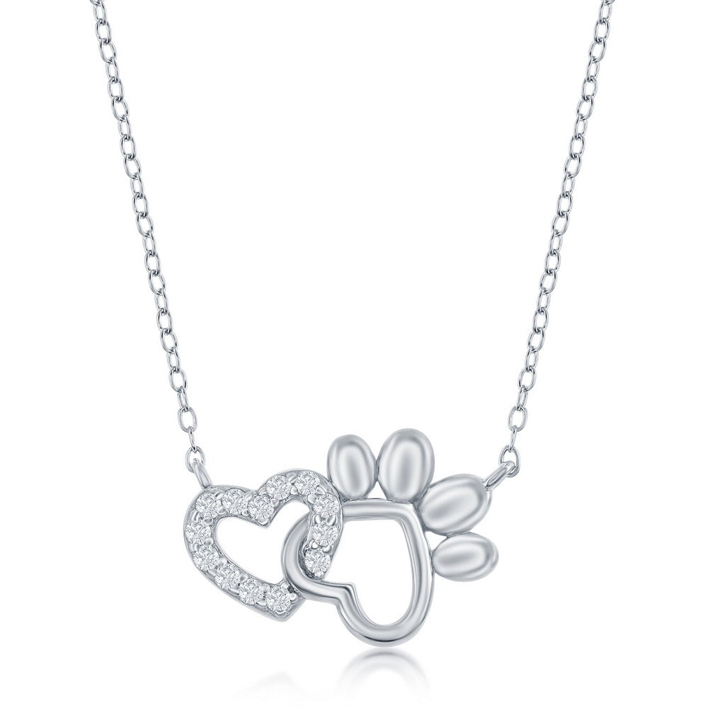 Sterling Silver CZ Heart and Paw Print Necklace