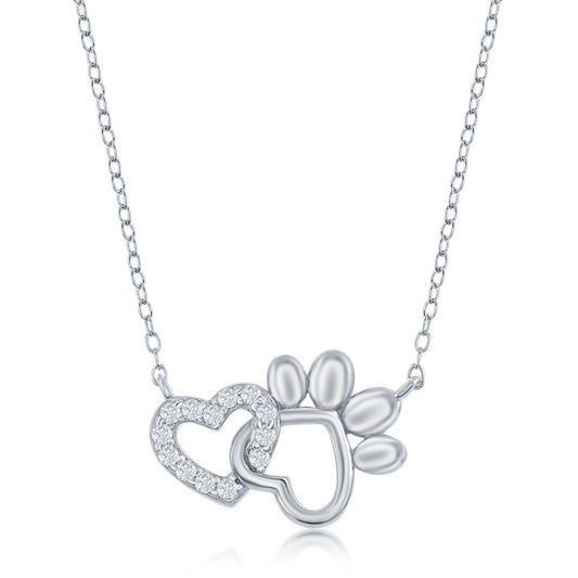 Sterling Silver CZ Heart and Paw Print Necklace