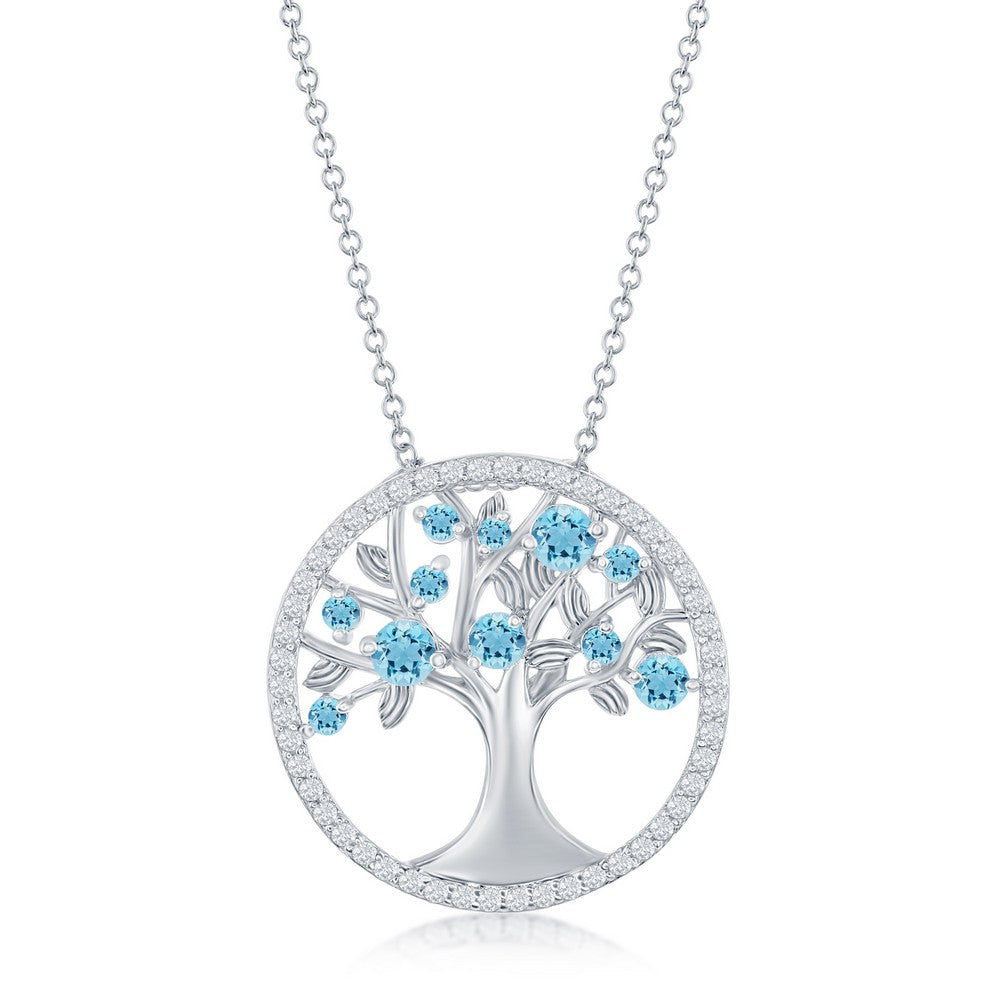 Sterling Silver 'March' Birthstone Tree of Life Necklace - Aqua CZ