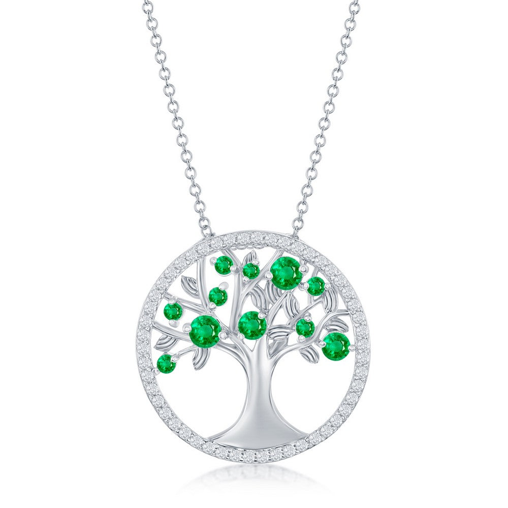 Sterling Silver 'May' Birthstone Tree of Life Necklace - Emerald CZ