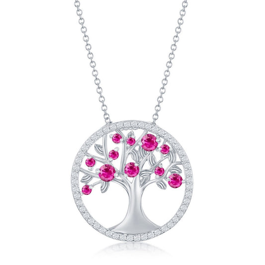 Sterling Silver 'July' Birthstone Tree of Life Necklace - Ruby CZ