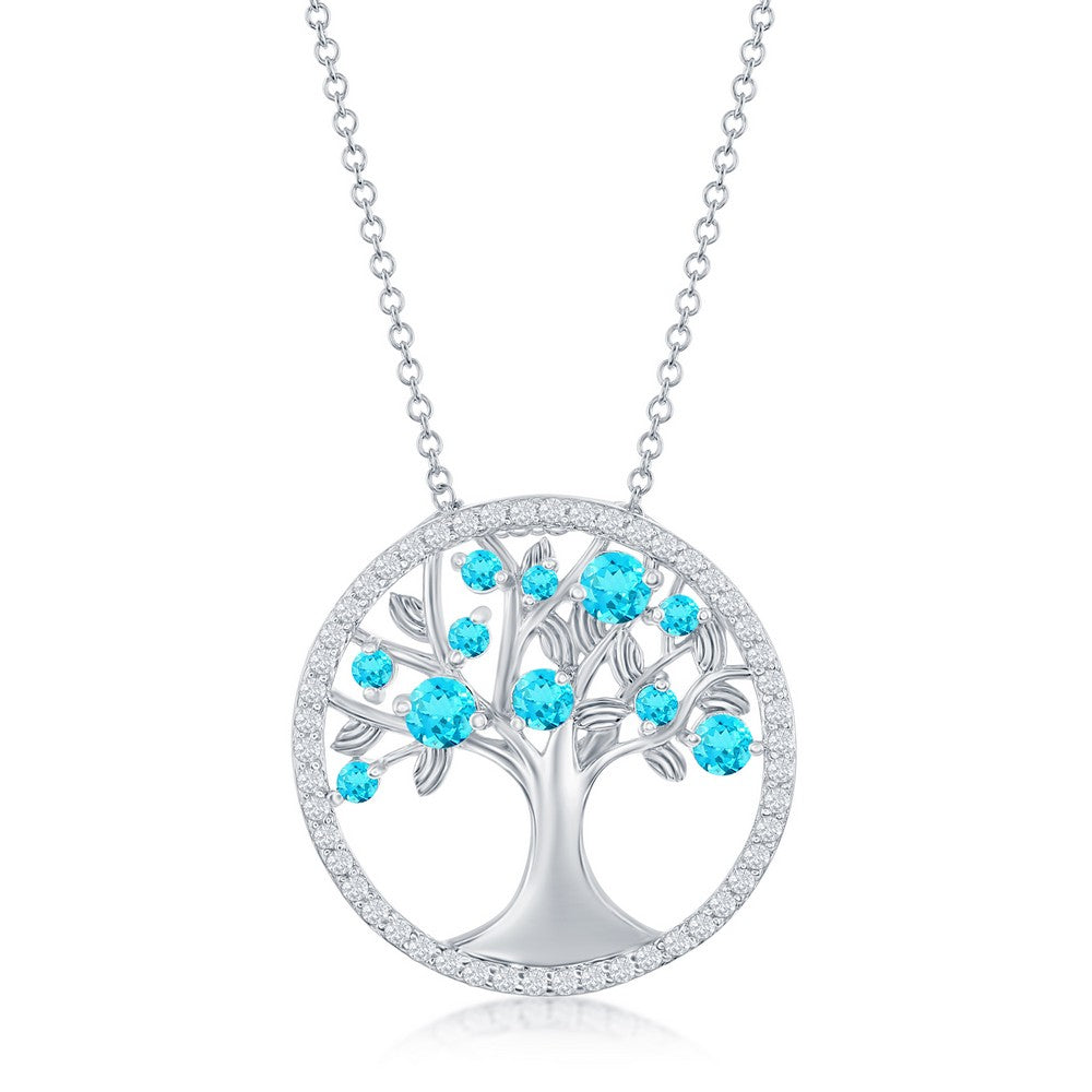 Sterling Silver 'December' Birthstone Tree of Life Necklace -  Blue Topaz CZ