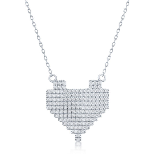 Sterling Silver CZ Pixel Heart Necklace