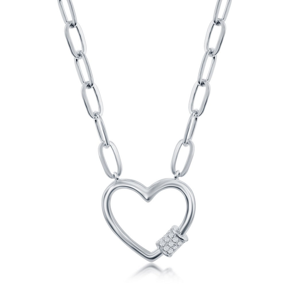 Sterling Silver Micro Pave CZ Heart Carabiner Paperclip Necklace