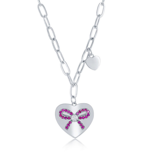 Sterling Silver Heart with Ruby CZ Ribbon Paperclip Necklace