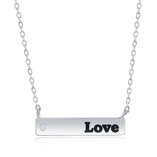 Sterling Silver Bar & CZ  'Love' Necklace