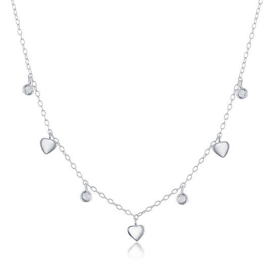 Sterling Silver Alternating Mini Heart & Bezel-Set CZ Necklace