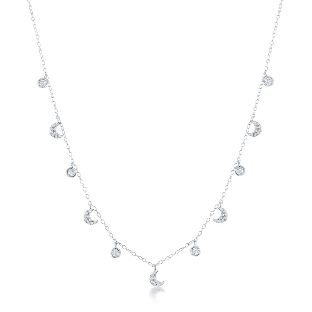 Sterling Silver Station Round & Crescent Moon CZ Necklace