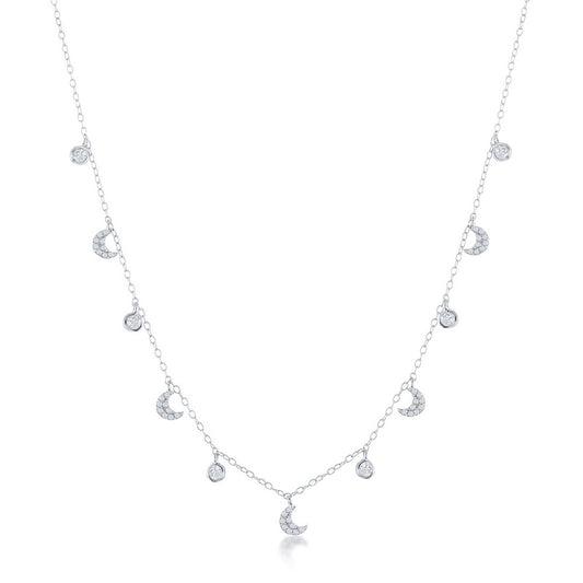 Sterling Silver Station Round & Crescent Moon CZ Necklace