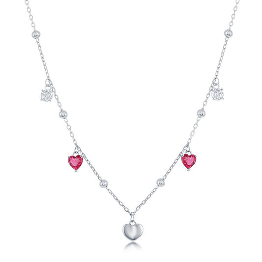 Sterling Silver White & Ruby CZ Heart Beaded Necklace