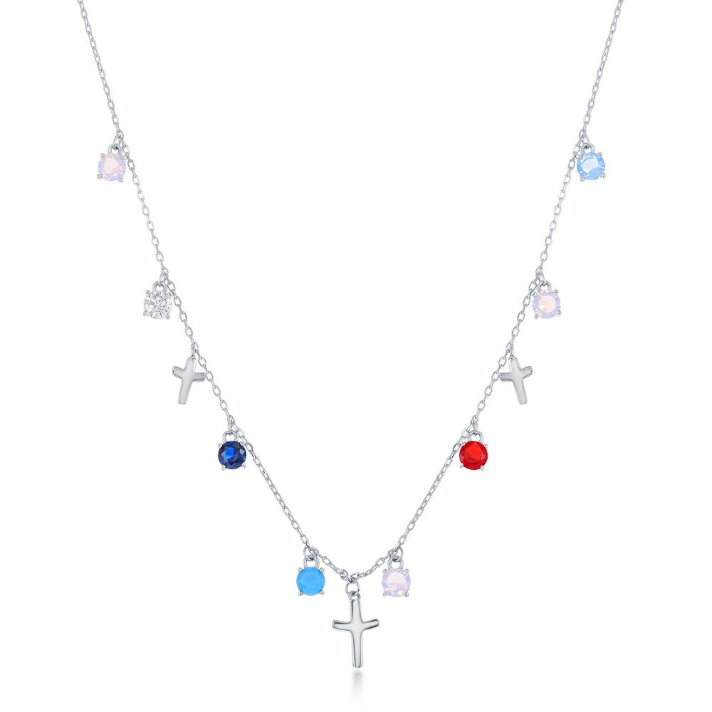 Sterling Silver Round Multi-Color CZ & Crosses Necklace