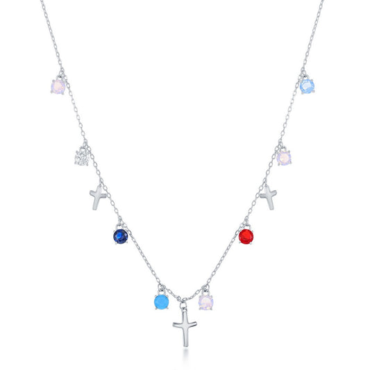 Sterling Silver Round Multi-Color CZ & Crosses Necklace