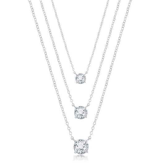 Sterling Silver 4-6mm Round Graduating CZ Multi Layered Necklace