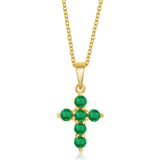 Sterling Silver Cross Necklace - Emerald - Gold Plated