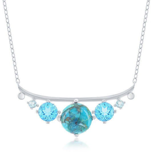 Sterling Silver Graduating Round Turquoise and Blue CZ Necklace