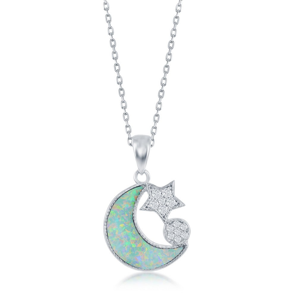 Sterling Silver White Inlay Opal & CZ Moon and Star Necklace