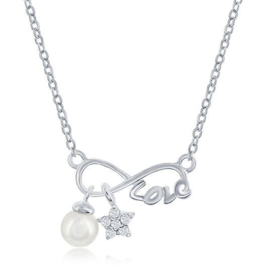 Sterling Silver Infinity 'Love' w/ CZ Star & Round 4MM Freshwater Pearl Necklace