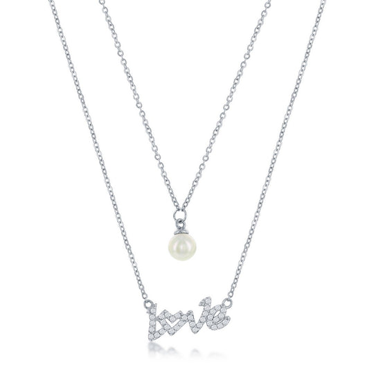 Sterling Silver CZ 'LOVE' and Round FWP Layered Necklace