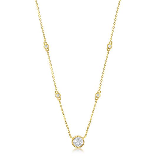 Sterling Silver Round CZ Station Necklace - Gold Plated