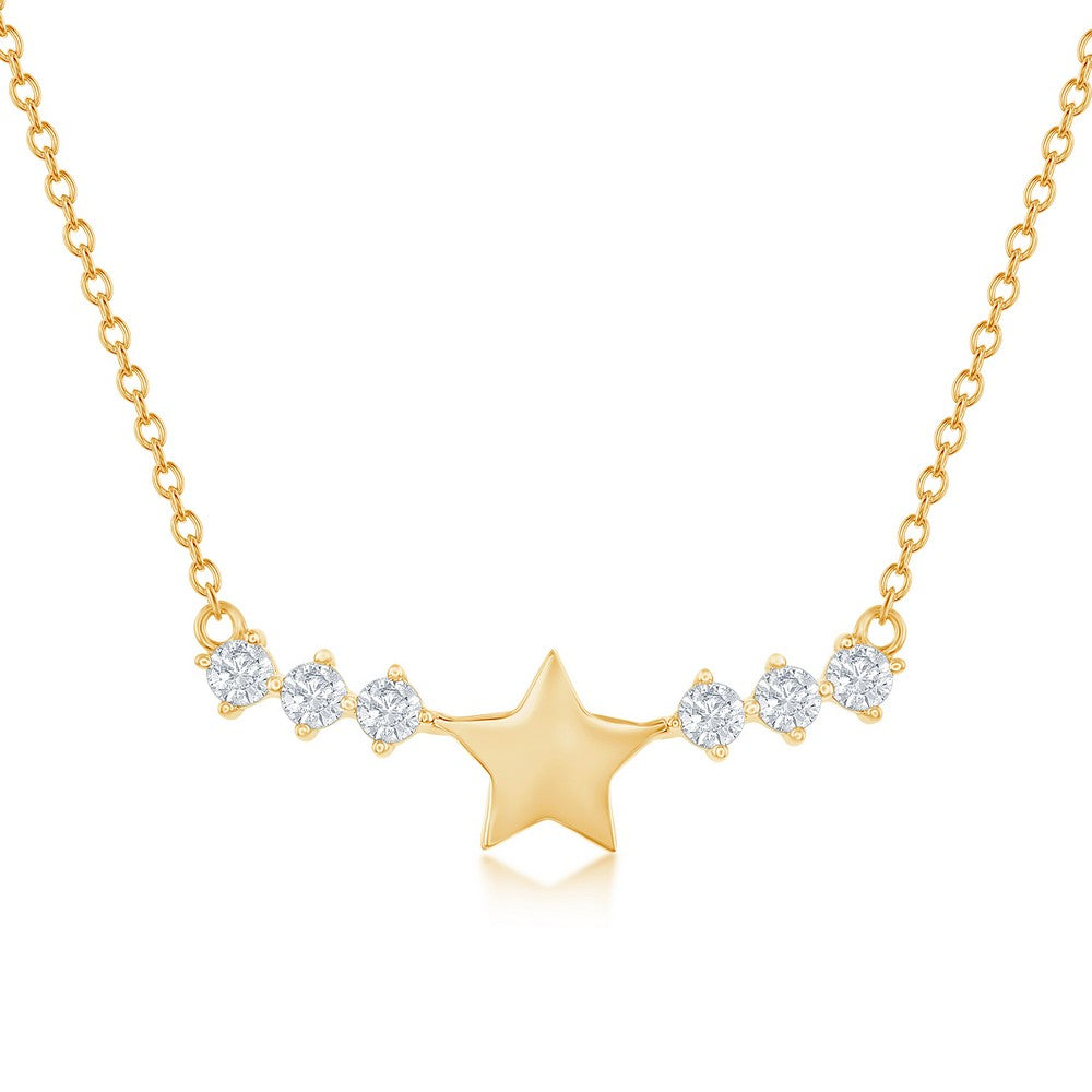 Sterling Silver Star with CZ Sides Bar Necklace - Gold Plated