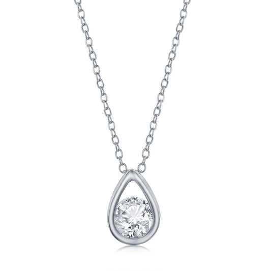 Sterling Silver Pearshaped Necklace w/Round 'April Birthstone' Gem - White Topaz