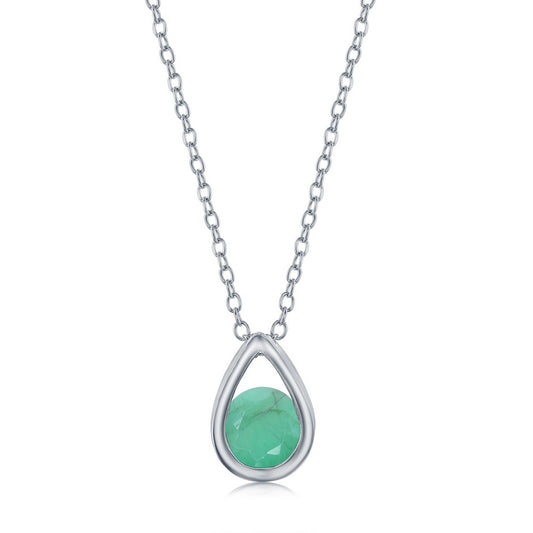 Sterling Silver Pearshaped Necklace w/Round 'May Birthstone' Gem - Emerald