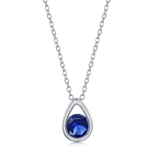 Sterling Silver Pearshaped Necklace w/Round 'September Birthstone' - Created Sapphire