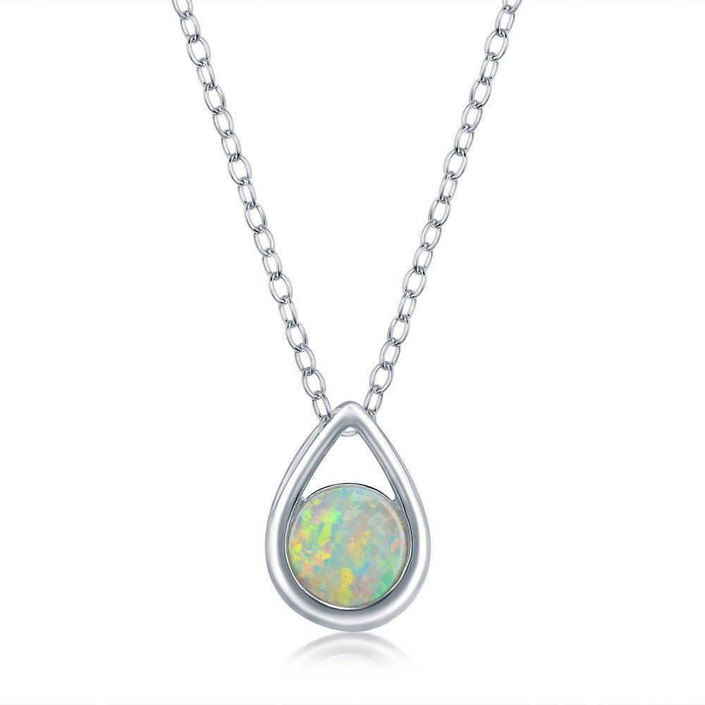 Sterling Silver Pearshaped Necklace w/Round 'October Birthstone' Gem - Opal