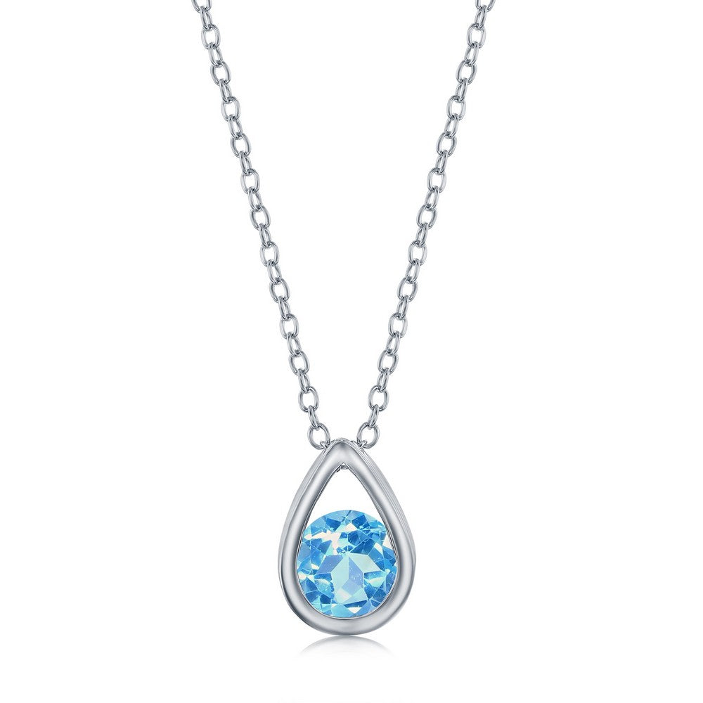 Sterling Silver Pearshaped Necklace w/Round 'December Birthstone' Gem - Swiss Blue Topaz