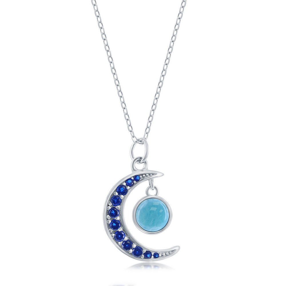 Sterling Silver Blue CZ Moon & Round Larimar Necklace