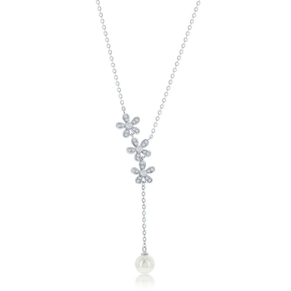 Sterling Silver 6mm FWP, Flower CZ Lariat Necklace