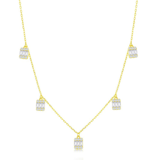 Sterling Silver Baguette CZ Rectangle Charms Necklace - Gold Plated