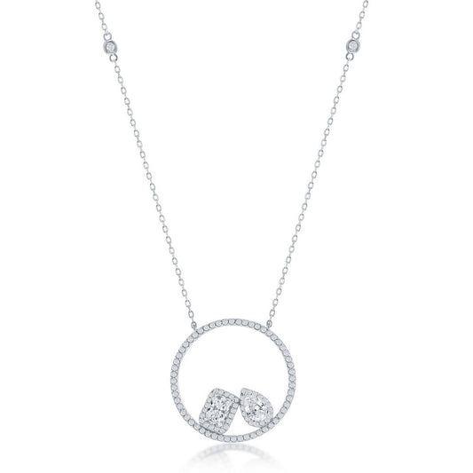 Sterling Silver Rectangle & Pearshaped CZ Circle Necklace