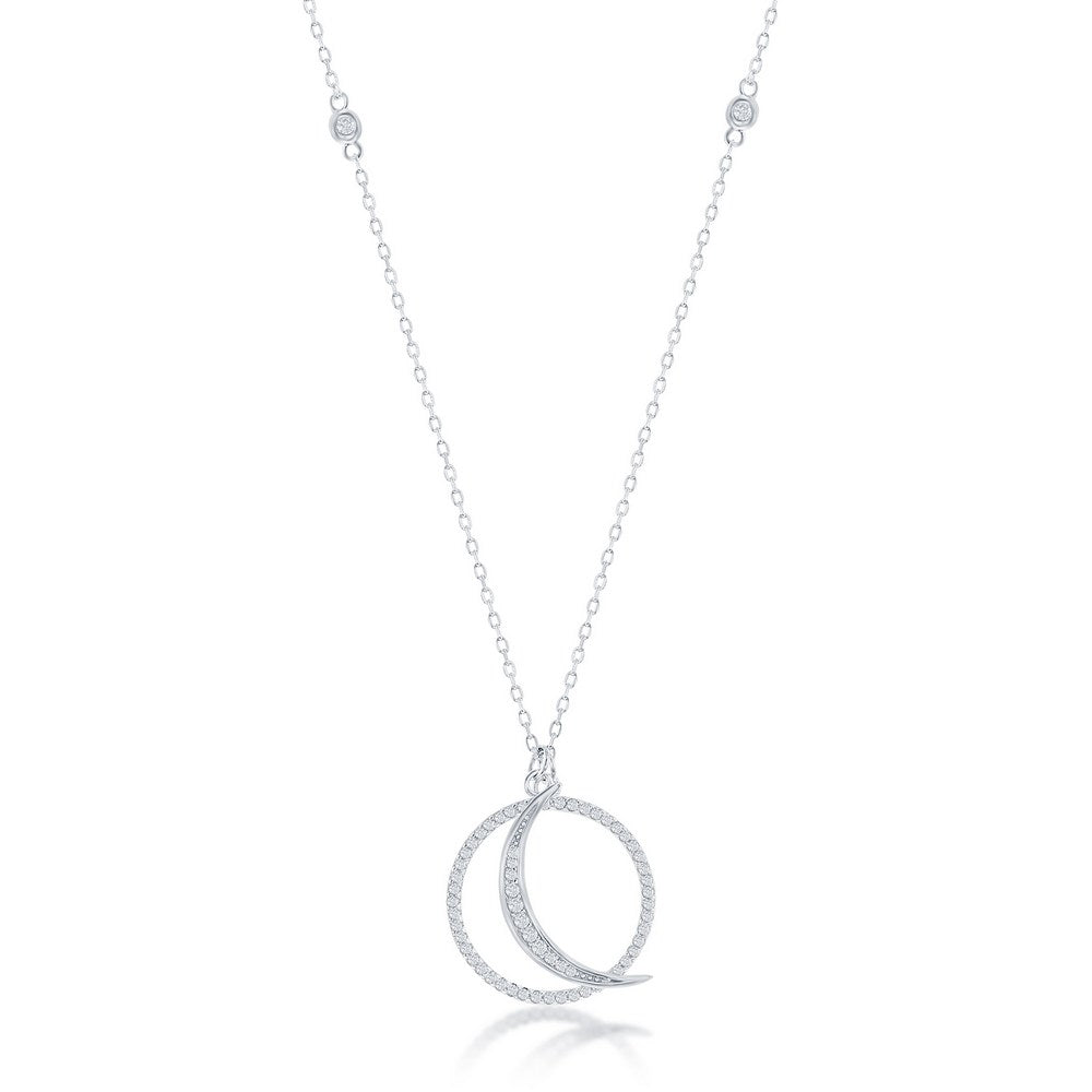 Sterling Silver Crescent Moon & Circle CZ Necklace