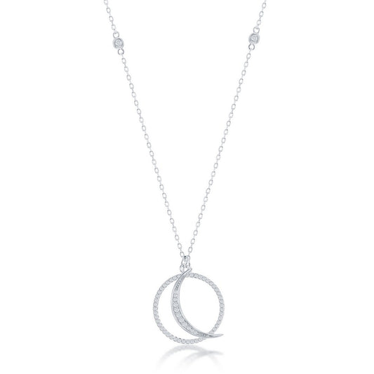 Sterling Silver Crescent Moon & Circle CZ Necklace