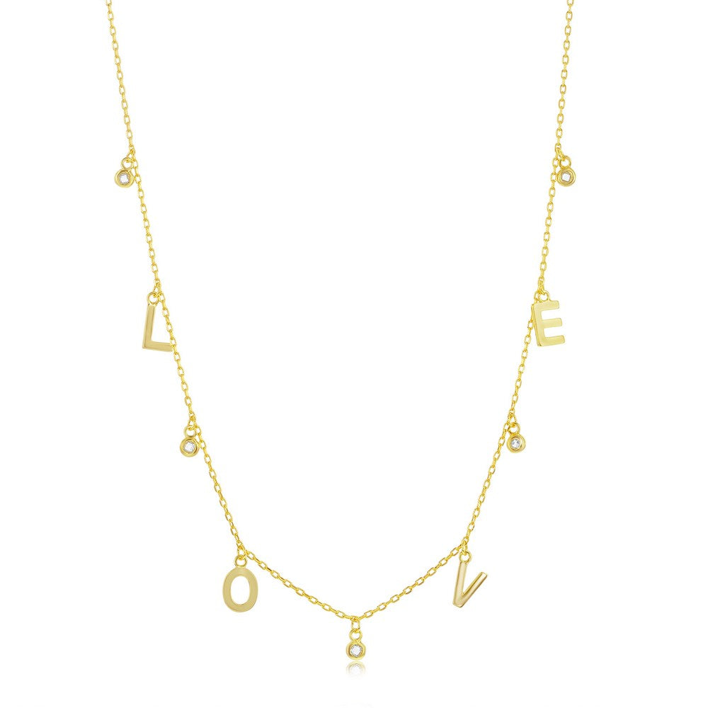 Sterling Silver 'LOVE' & CZ Charms Necklace - Gold Plated