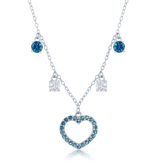 Sterling Silver Station White & Blue CZ Heart Necklace