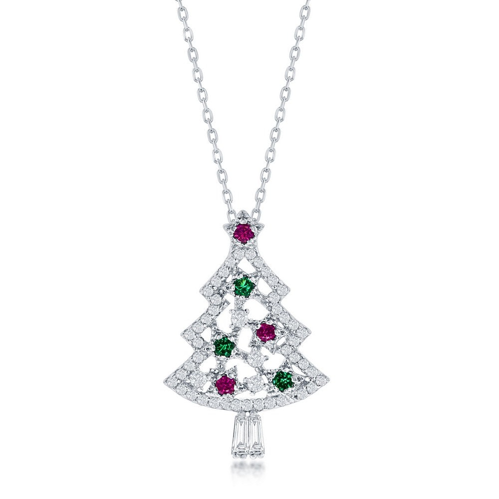 Sterling Silver Green, Red & White Christmas Tree Necklace