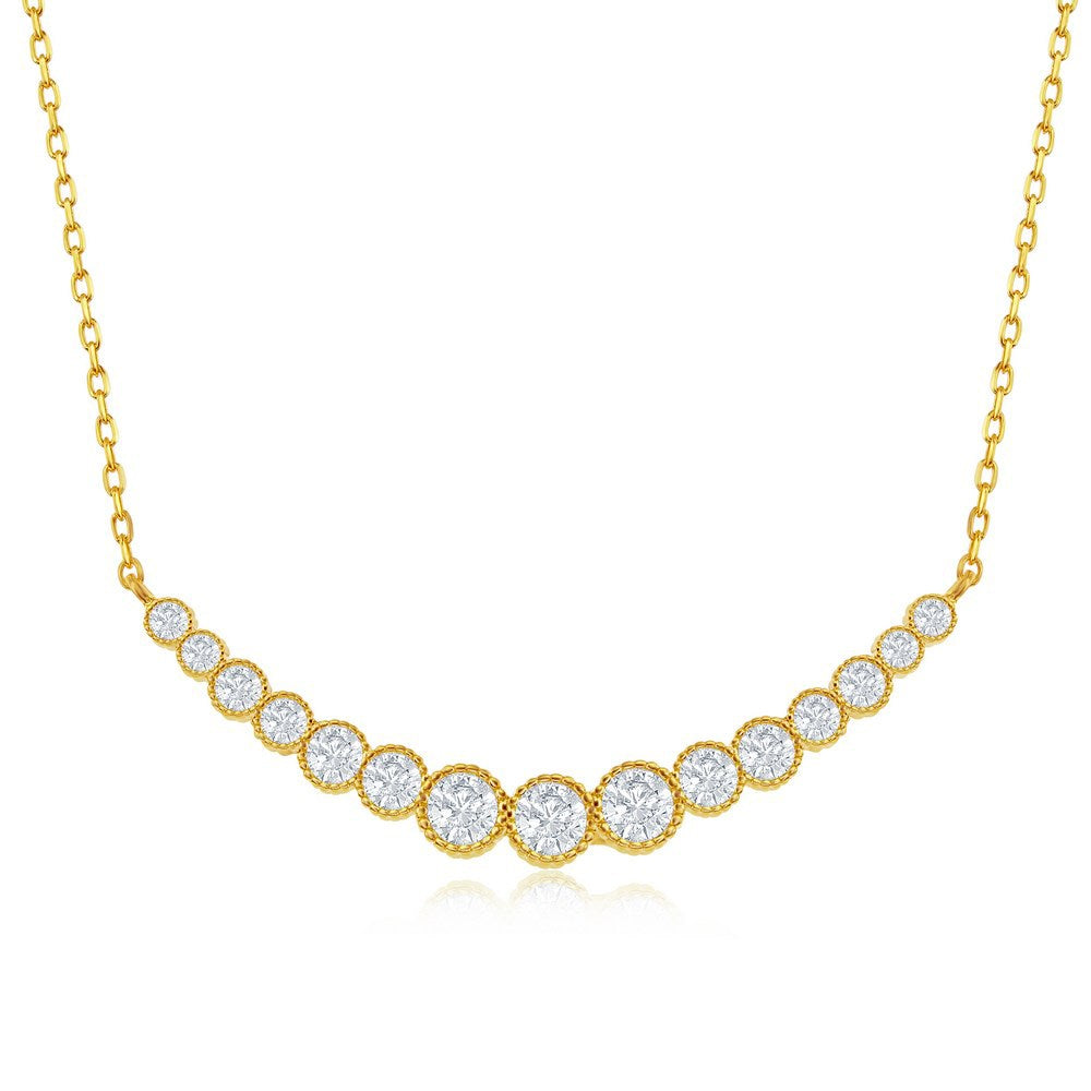 Sterling Silver Graduating Round CZ Curved Bar Necklace - Gold Plating