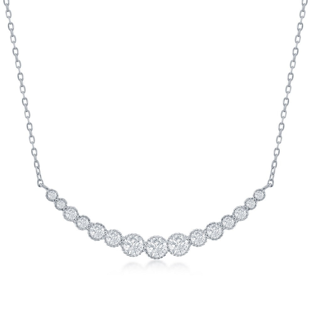 Sterling Silver Graduating Round CZ Curved Bar Necklace