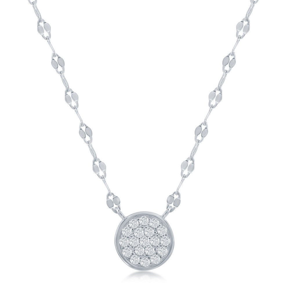 Sterling Silver Circle Pave CZ Mirror Chain Choker Necklace